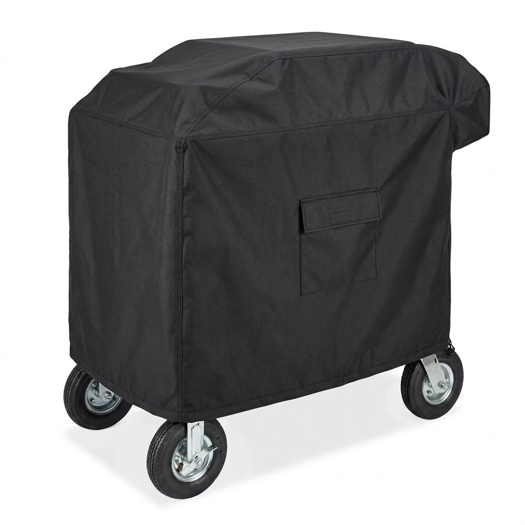 Rolling utility cart with a fitted black cover on large pneumatic wheels, included with the outdoor cinema system