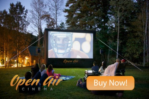 Open Air Cinema inflatable movie screen set up at a campsite