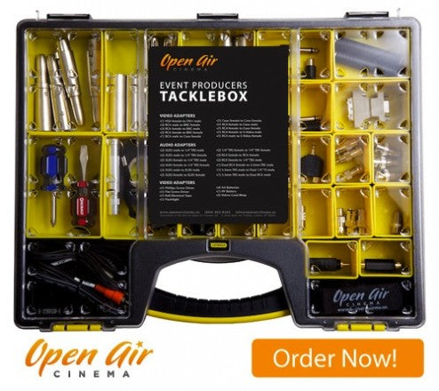 Open Air Cinema Event Producer's Tackle Box of A/V adapters