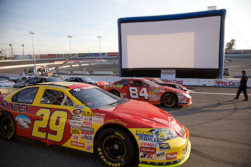 Open Air Cinema inflatable screen set up at the Toyota Speedway