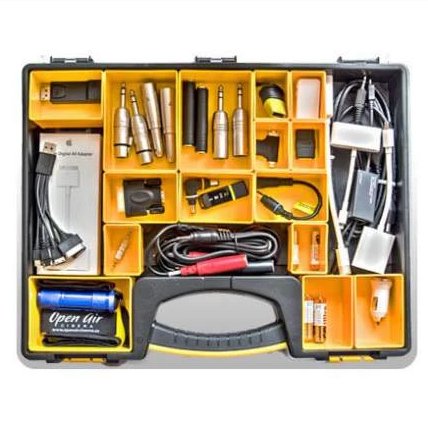 Open Air Cinema Event Producer's Tackle Box of A/V adapters
